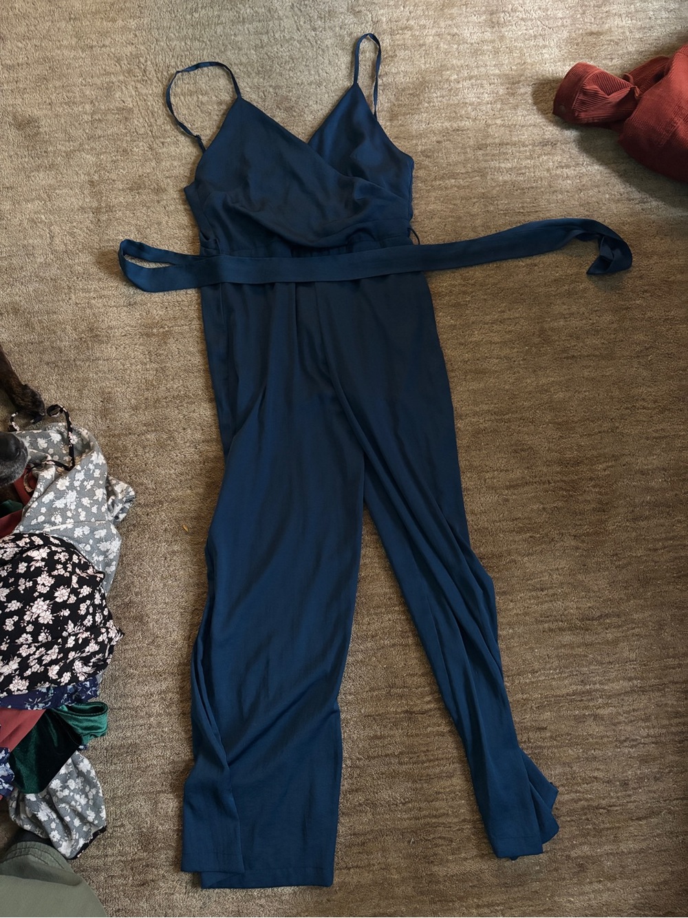 FAVLUX Navy Spaghetti-Strap Wide Leg Jumpsuit with Tie Waist